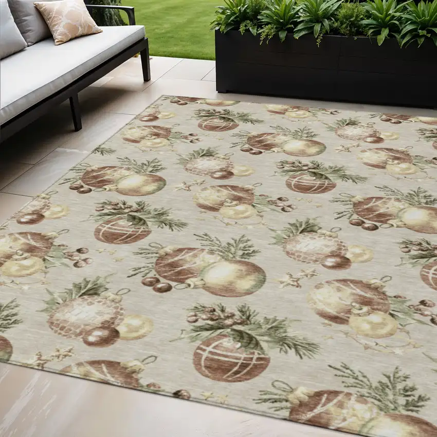 Beige Brown And Ivory Botanical Leaves Washable Indoor Outdoor Area Rug Photo 2