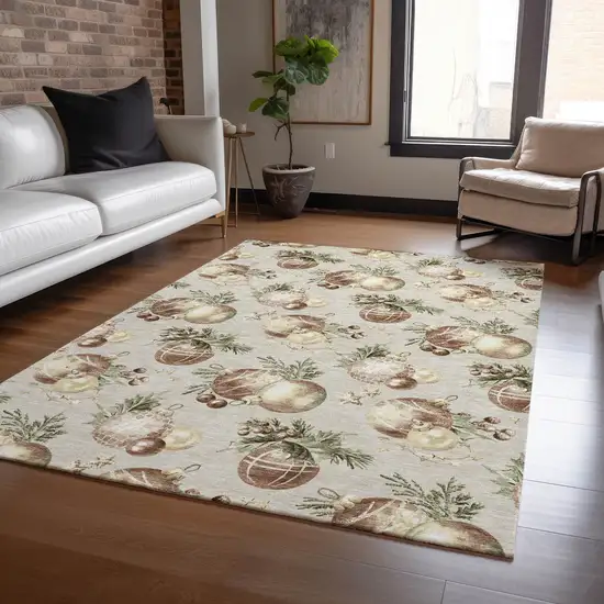 Beige Brown And Ivory Botanical Leaves Washable Indoor Outdoor Area Rug Photo 4