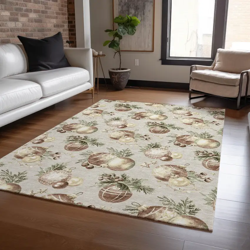 Beige Brown And Ivory Botanical Leaves Washable Indoor Outdoor Area Rug Photo 5