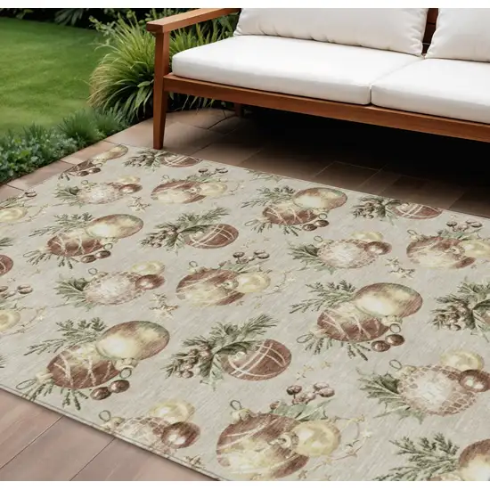 Beige Brown And Ivory Botanical Leaves Washable Indoor Outdoor Area Rug Photo 2