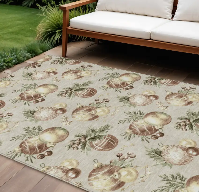 Beige Brown And Ivory Botanical Leaves Washable Indoor Outdoor Area Rug Photo 2