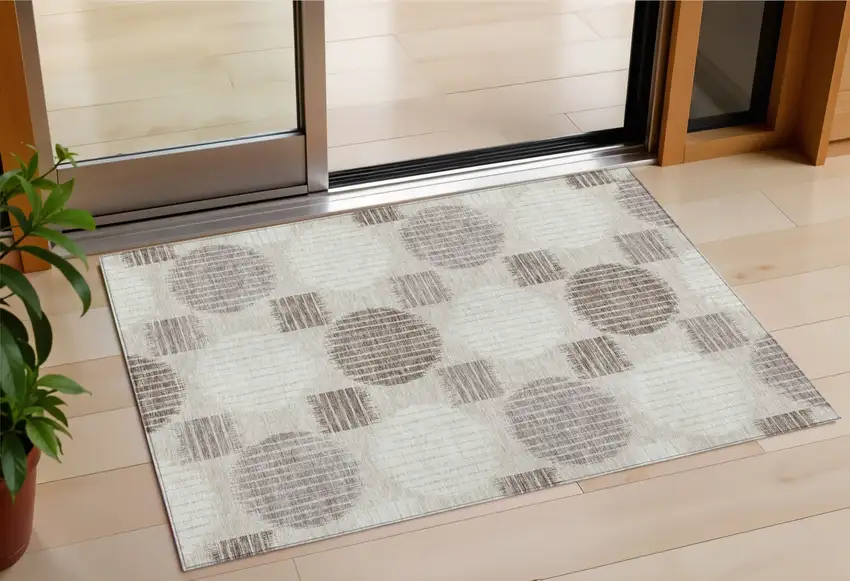 Beige Brown And Ivory Geometric Washable Indoor Outdoor Area Rug Photo 1