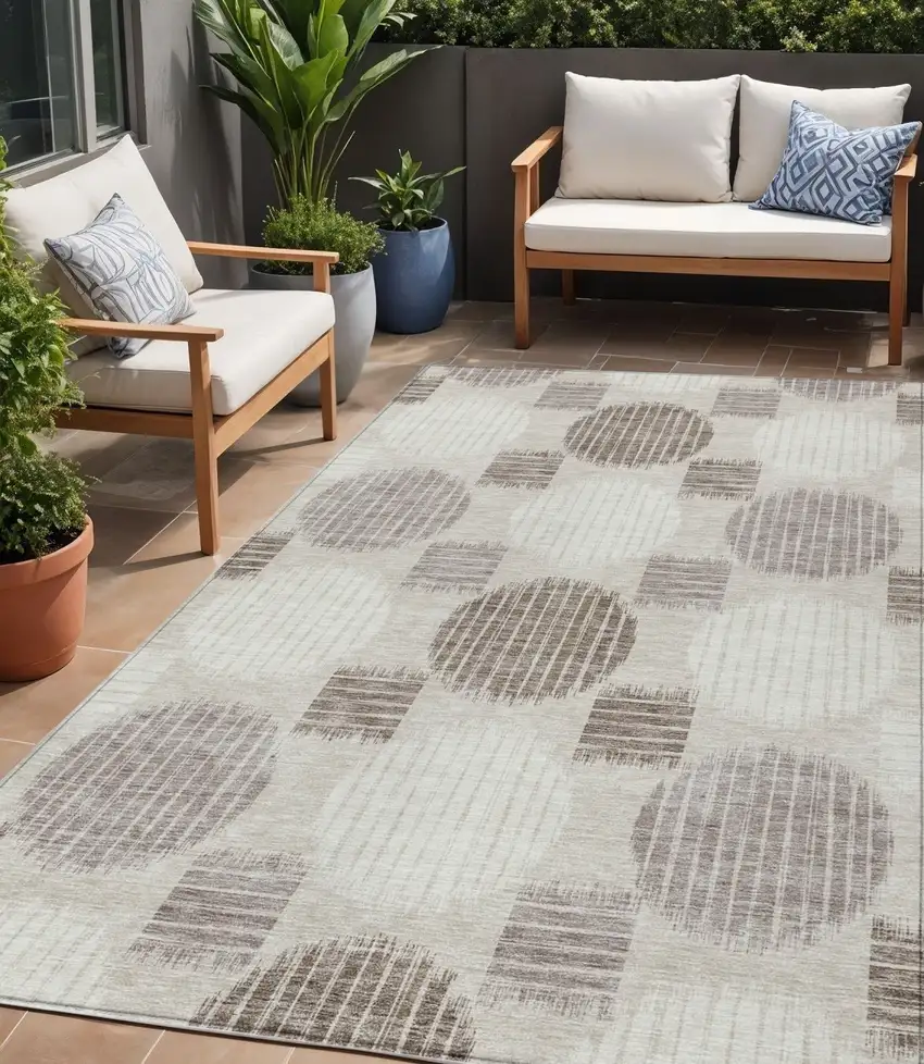 Beige Brown And Ivory Geometric Washable Indoor Outdoor Area Rug Photo 1