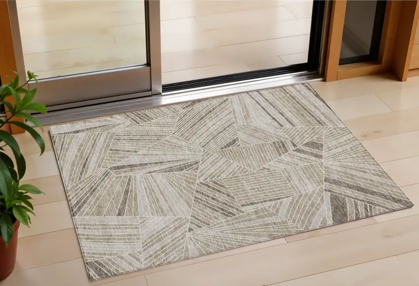 Beige Brown And Ivory Geometric Washable Indoor Outdoor Area Rug Photo 1