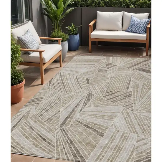 Beige Brown And Ivory Geometric Washable Indoor Outdoor Area Rug Photo 1
