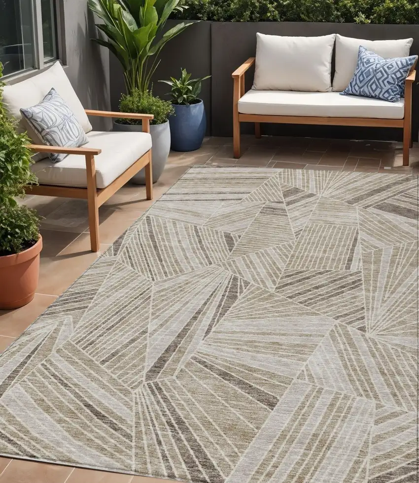 Beige Brown And Ivory Geometric Washable Indoor Outdoor Area Rug Photo 1