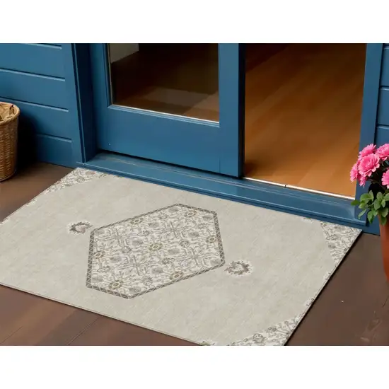 Beige Brown And Ivory Oriental Washable Indoor Outdoor Area Rug Photo 1