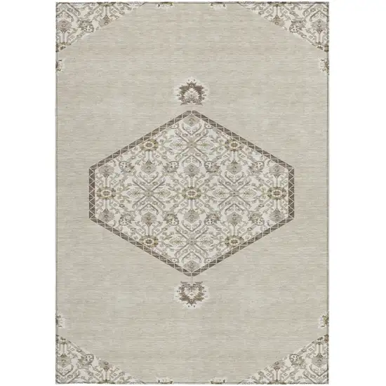 Beige Brown And Ivory Oriental Washable Indoor Outdoor Area Rug Photo 6
