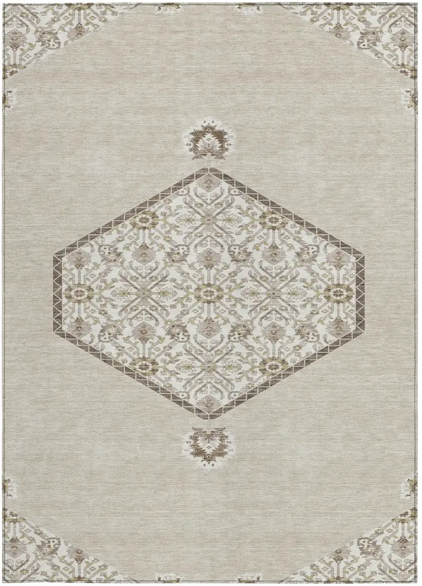 Beige Brown And Ivory Oriental Washable Indoor Outdoor Area Rug Photo 6
