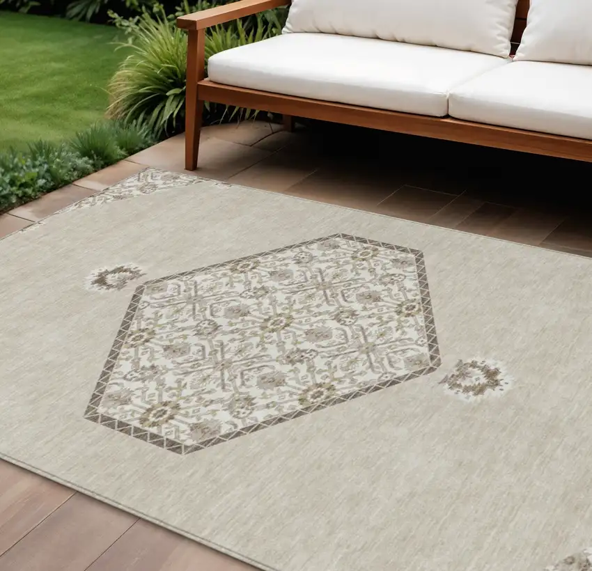 Beige Brown And Ivory Oriental Washable Indoor Outdoor Area Rug Photo 1
