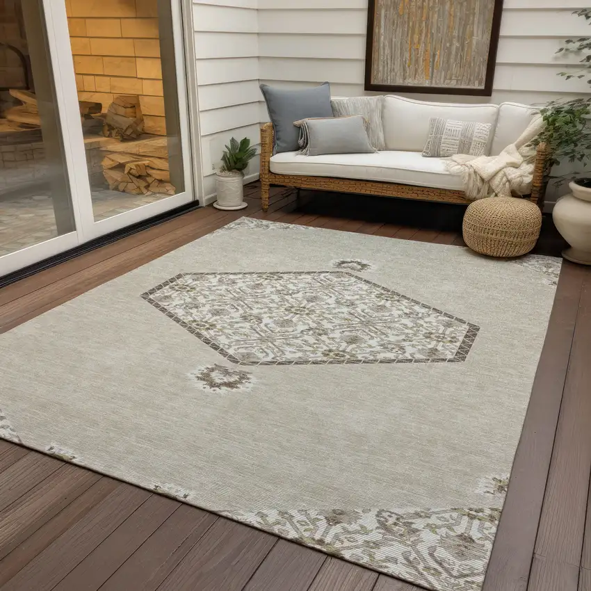Beige Brown And Ivory Oriental Washable Indoor Outdoor Area Rug Photo 7