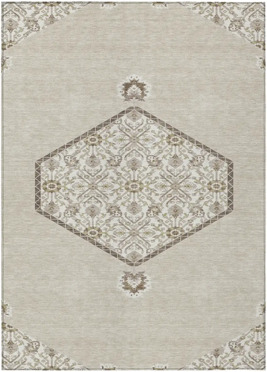 Beige Brown And Ivory Oriental Washable Indoor Outdoor Area Rug Photo 2