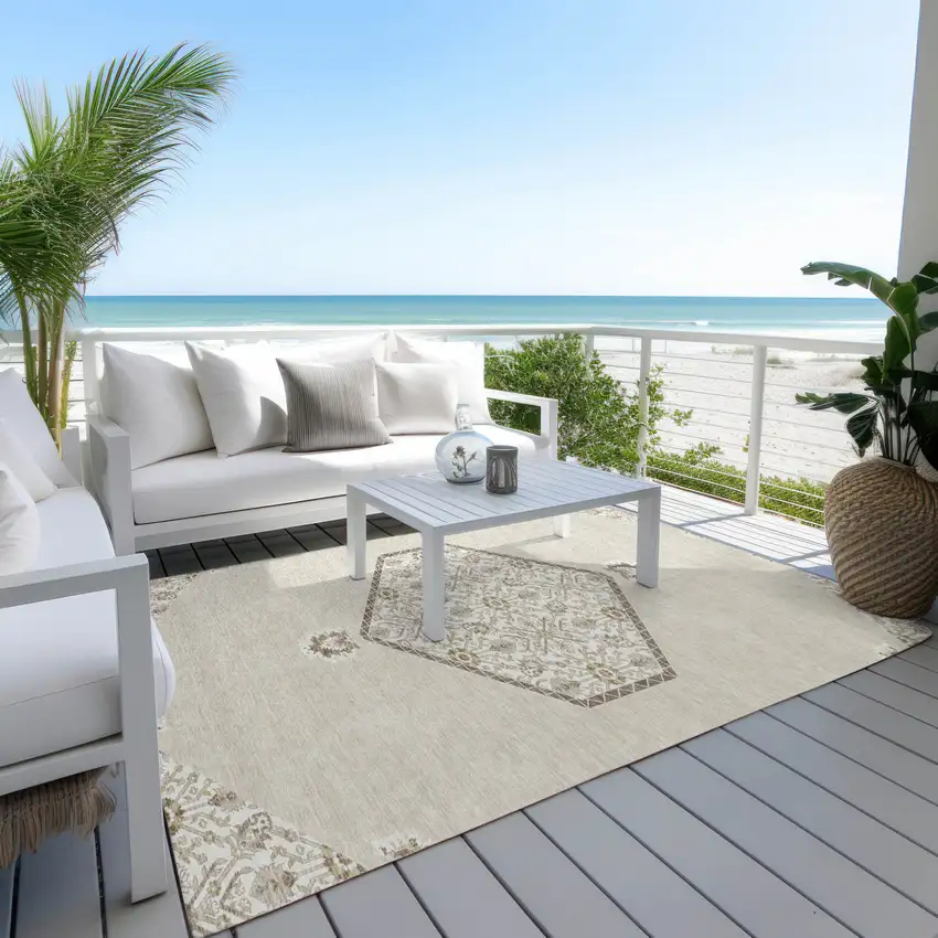 Beige Brown And Ivory Oriental Washable Indoor Outdoor Area Rug Photo 9