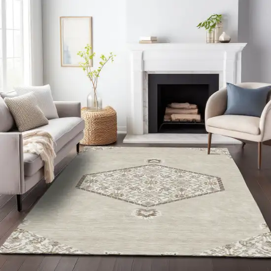 Beige Brown And Ivory Oriental Washable Indoor Outdoor Area Rug Photo 8