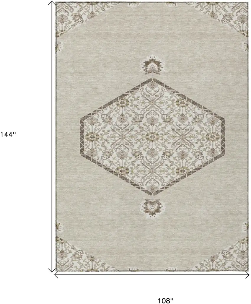 Beige Brown And Ivory Oriental Washable Indoor Outdoor Area Rug Photo 3