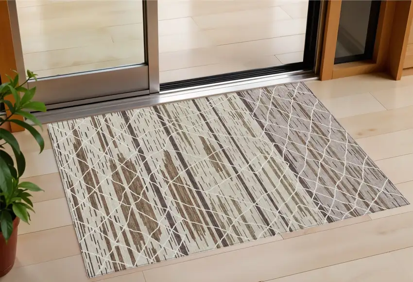 Beige Brown And Ivory Striped Washable Indoor Outdoor Area Rug Photo 1