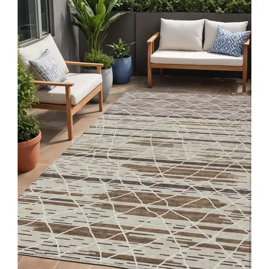 Beige Brown And Ivory Striped Washable Indoor Outdoor Area Rug Photo 1