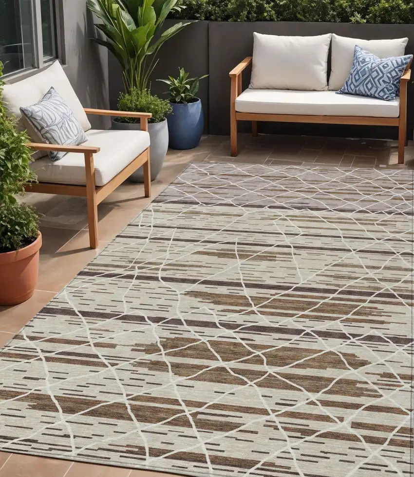 Beige Brown And Ivory Striped Washable Indoor Outdoor Area Rug Photo 1