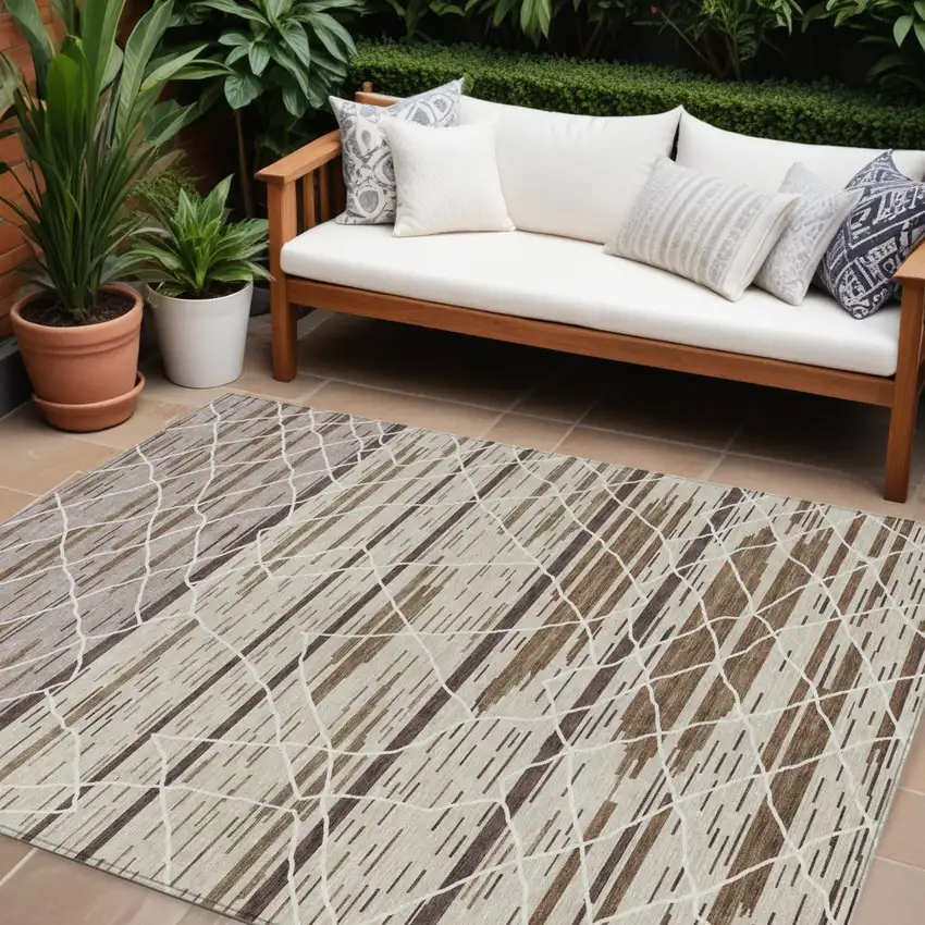 Beige Brown And Ivory Striped Washable Indoor Outdoor Area Rug Photo 1