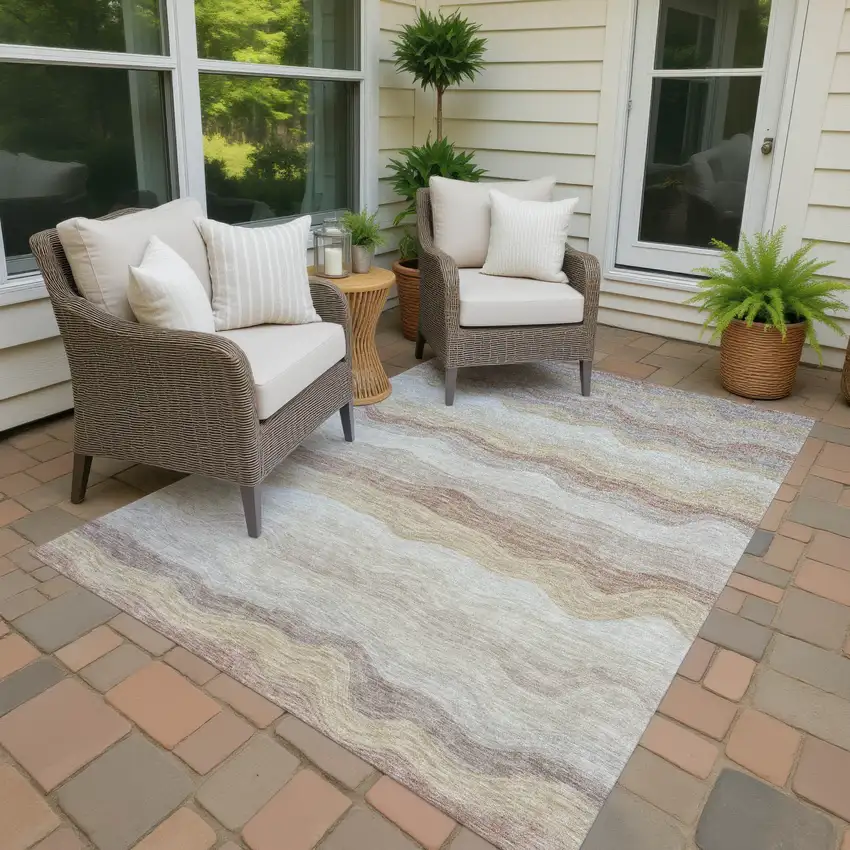 Beige Brown And Ivory Striped Washable Indoor Outdoor Area Rug Photo 2