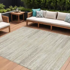 Photo of Beige Brown And Ivory Striped Washable Indoor Outdoor Area Rug