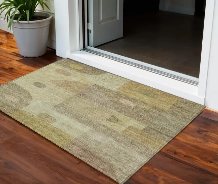 Beige Brown And Light Green Geometric Washable Indoor Outdoor Area Rug Photo 1