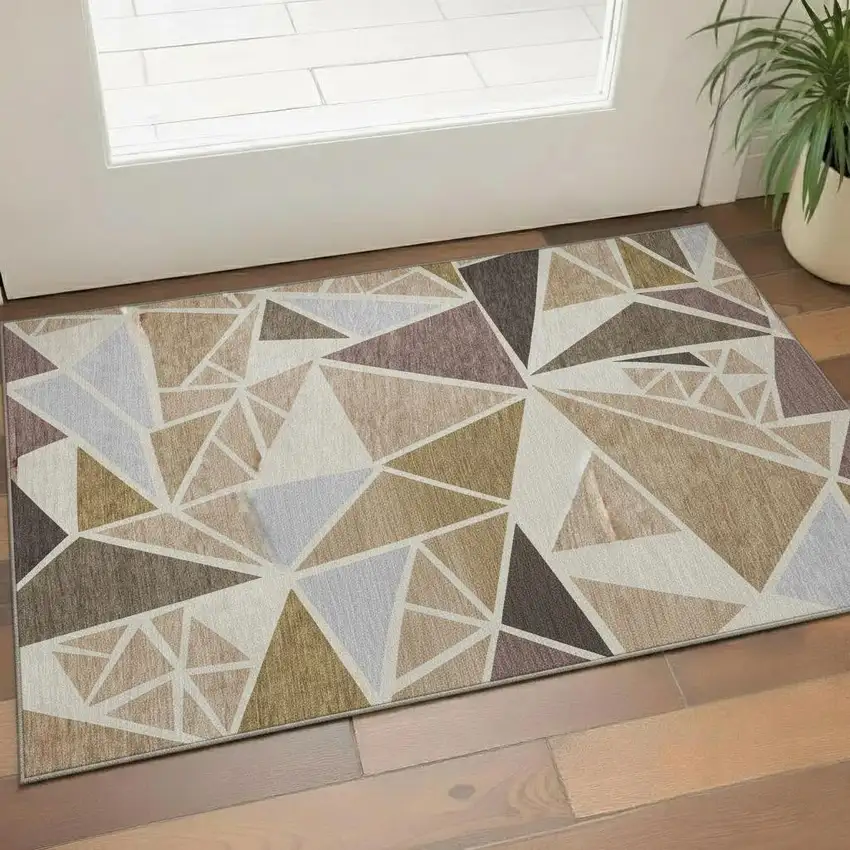 Beige Brown And Mauve Geometric Washable Area Rug With UV Protection Photo 2