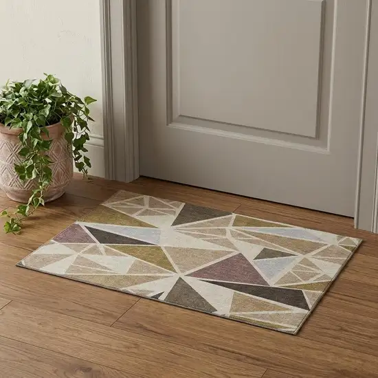 Beige Brown And Mauve Geometric Washable Area Rug With UV Protection Photo 1