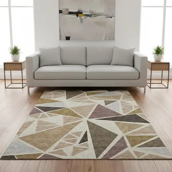 Beige Brown And Mauve Geometric Washable Area Rug With UV Protection Photo 2