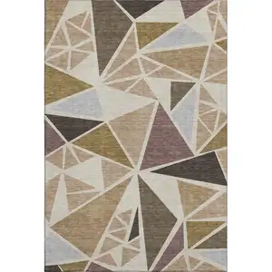 Photo of Beige Brown And Mauve Geometric Washable Area Rug With UV Protection