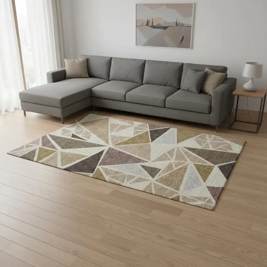 Beige Brown And Mauve Geometric Washable Area Rug With UV Protection Photo 2