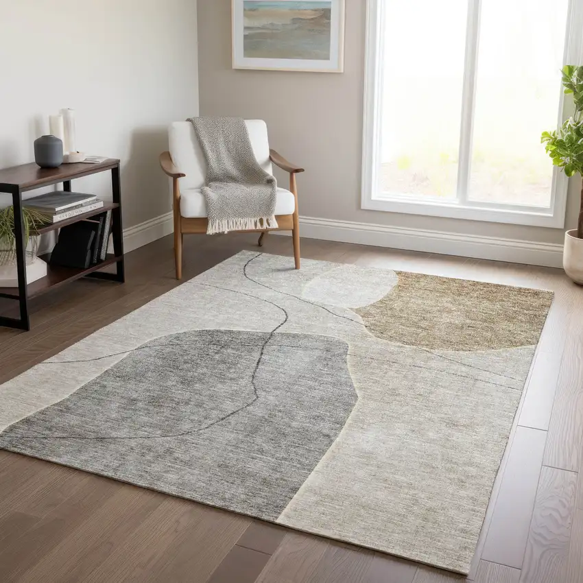 Beige Brown And Taupe Abstract Washable Indoor Outdoor Area Rug Photo 8