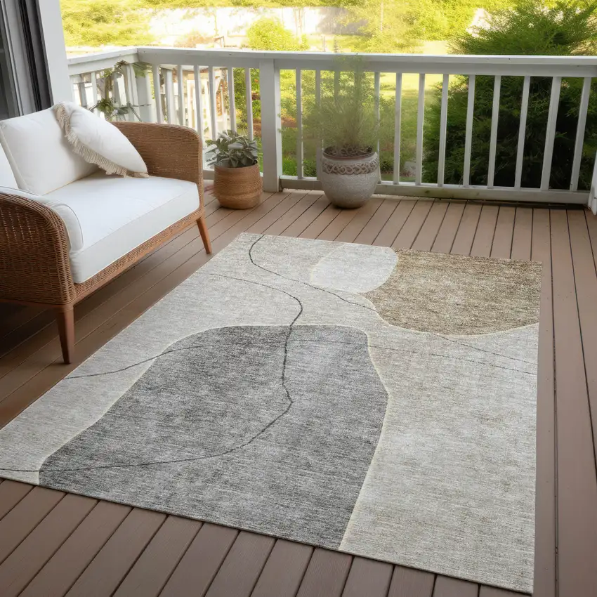 Beige Brown And Taupe Abstract Washable Indoor Outdoor Area Rug Photo 9