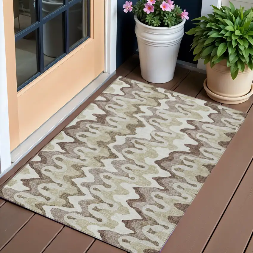 Beige Brown And Taupe Abstract Washable Indoor Outdoor Area Rug Photo 1
