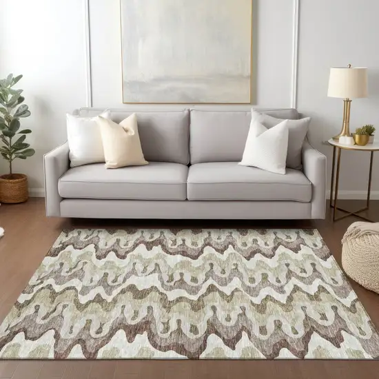 Beige Brown And Taupe Abstract Washable Indoor Outdoor Area Rug Photo 7