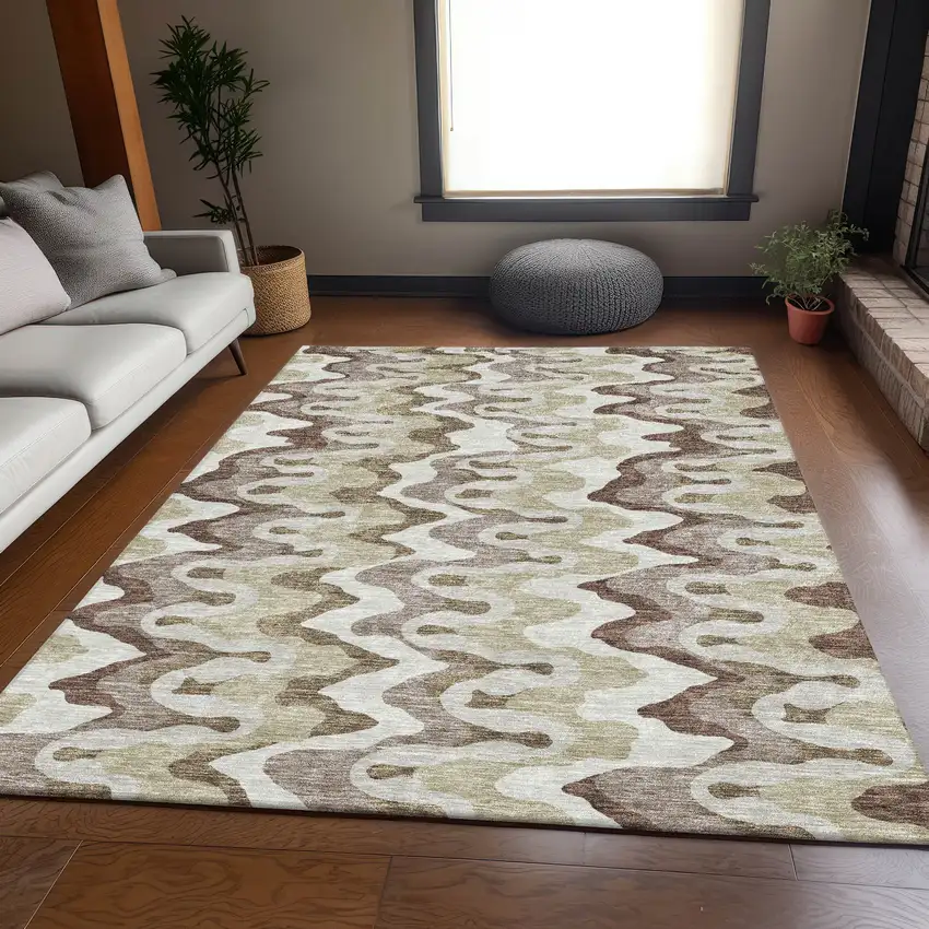 Beige Brown And Taupe Abstract Washable Indoor Outdoor Area Rug Photo 6