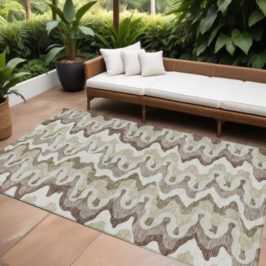 Beige Brown And Taupe Abstract Washable Indoor Outdoor Area Rug Photo 1