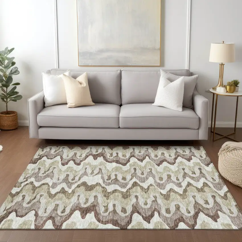 Beige Brown And Taupe Abstract Washable Indoor Outdoor Area Rug Photo 7