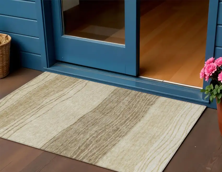 Beige Brown And Taupe Striped Washable Indoor Outdoor Area Rug Photo 1