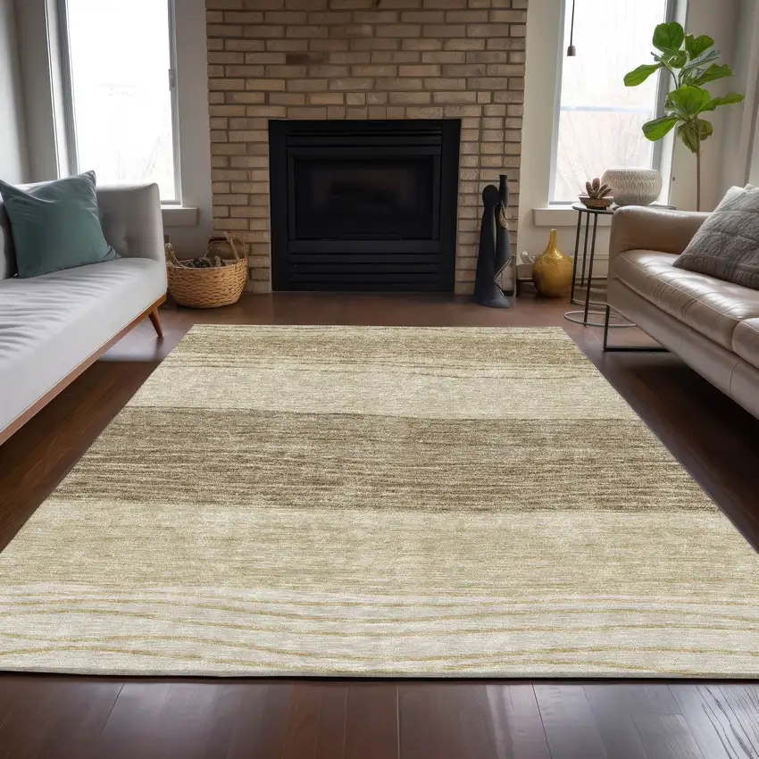 Beige Brown And Taupe Striped Washable Indoor Outdoor Area Rug Photo 8
