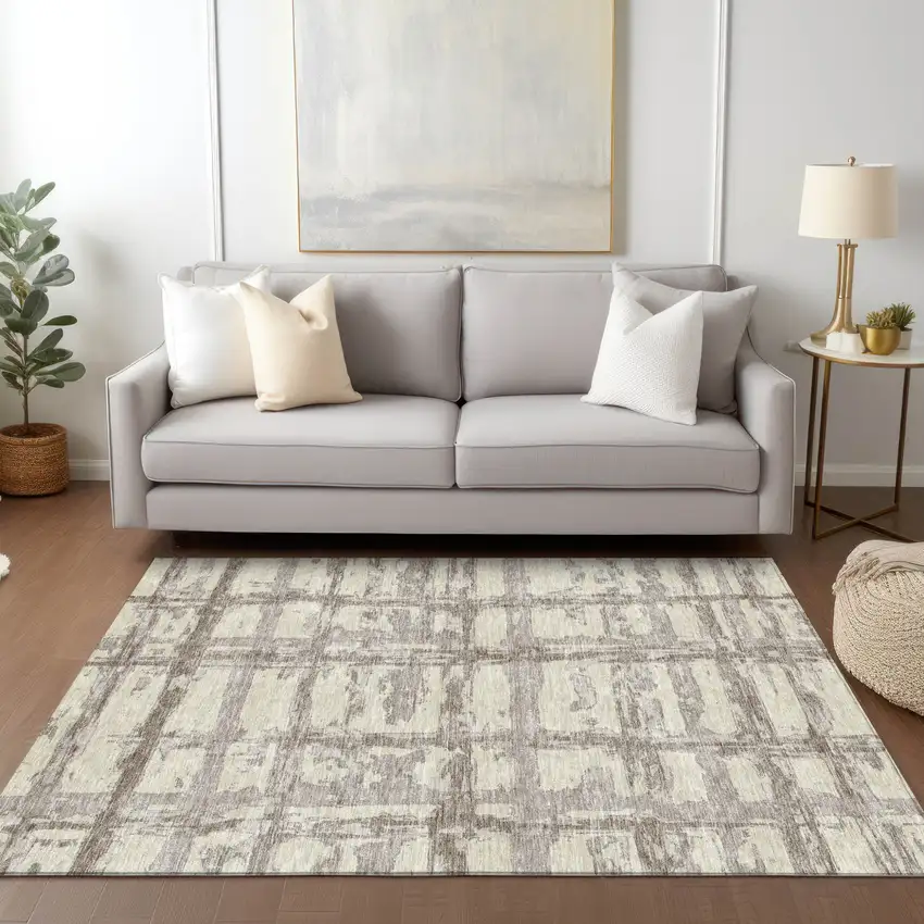 Beige Brown And Taupe Striped Washable Indoor Outdoor Area Rug Photo 9