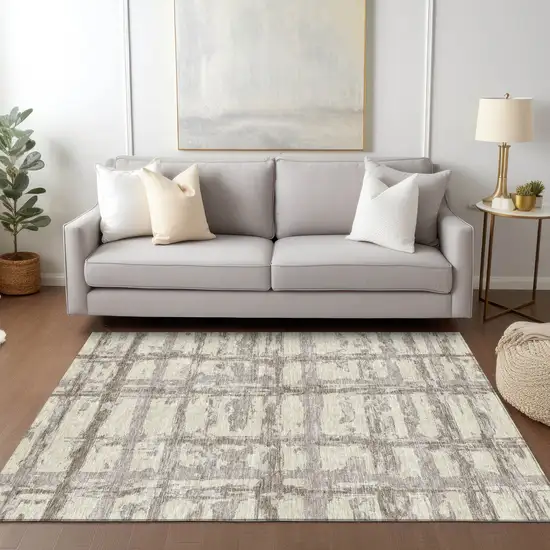 Beige Brown And Taupe Striped Washable Indoor Outdoor Area Rug Photo 8