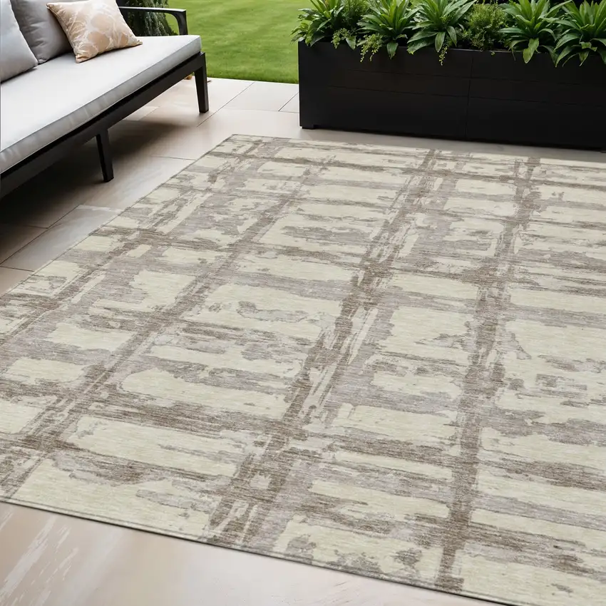 Beige Brown And Taupe Striped Washable Indoor Outdoor Area Rug Photo 1