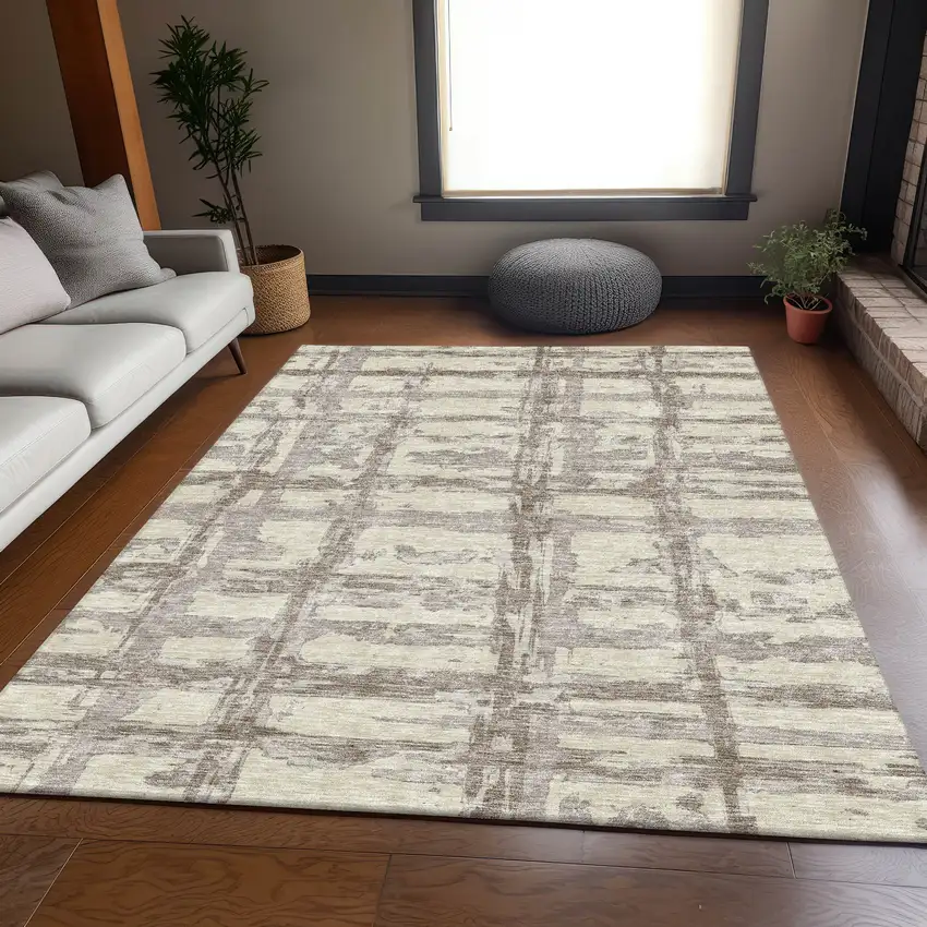 Beige Brown And Taupe Striped Washable Indoor Outdoor Area Rug Photo 8
