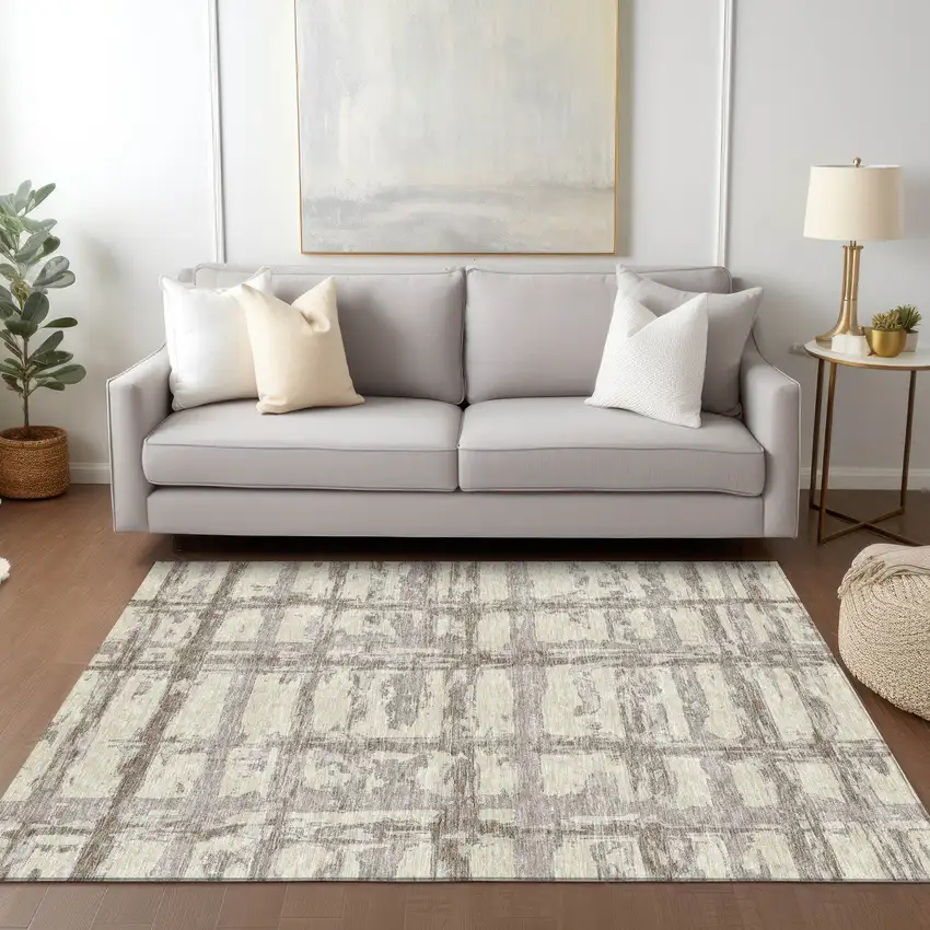 Beige Brown And Taupe Striped Washable Indoor Outdoor Area Rug Photo 9
