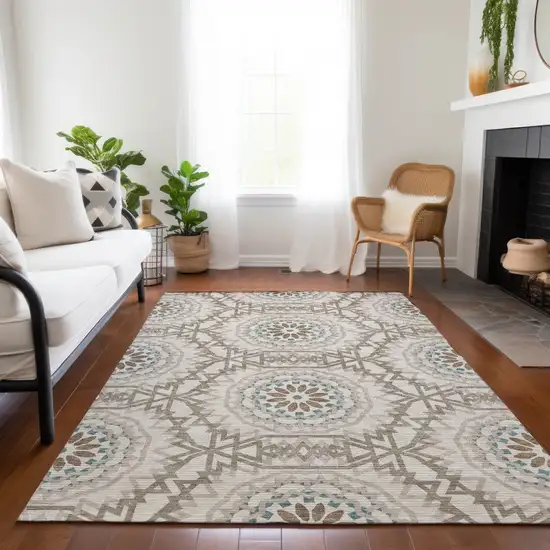 Beige Brown And Teal Blue Floral Medallion Washable Indoor Outdoor Area Rug Photo 9