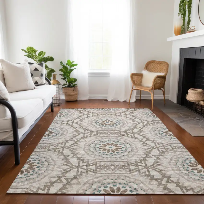 Beige Brown And Teal Blue Floral Medallion Washable Indoor Outdoor Area Rug Photo 9