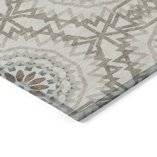 Beige Brown And Teal Blue Floral Medallion Washable Indoor Outdoor Area Rug Photo 4