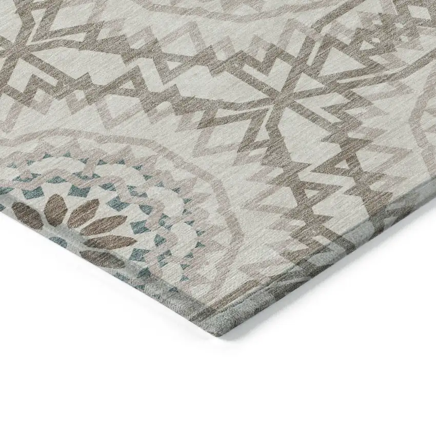 Beige Brown And Teal Blue Floral Medallion Washable Indoor Outdoor Area Rug Photo 4