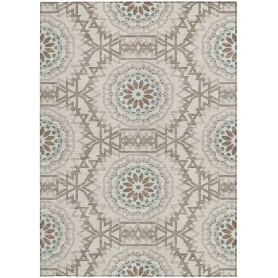 Beige Brown And Teal Blue Floral Medallion Washable Indoor Outdoor Area Rug Photo 6